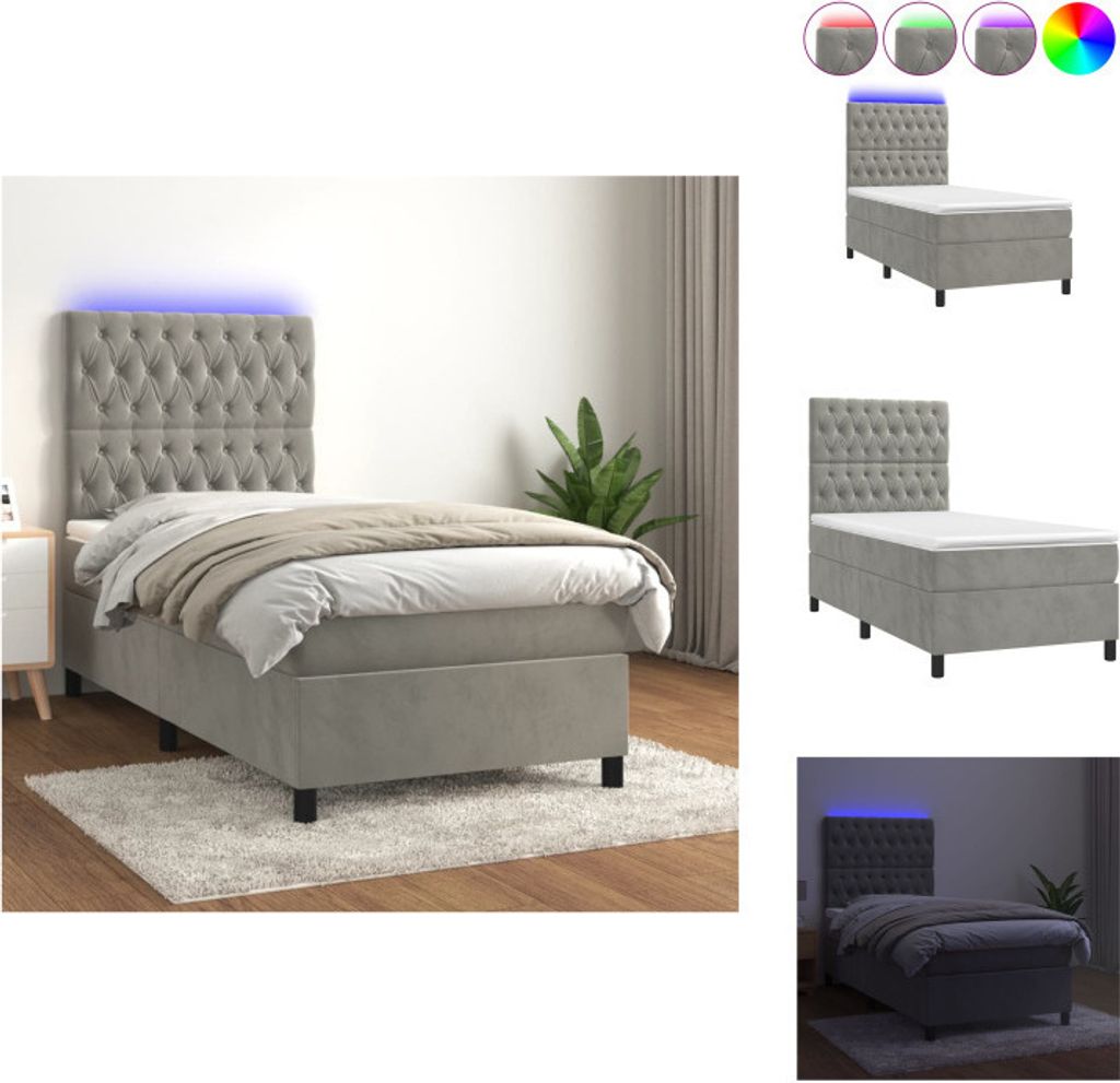 vidaXL Boxspringbett mit Matratze & LED Hellgrau 90x200 cm Samt - Betten & Bettgestelle