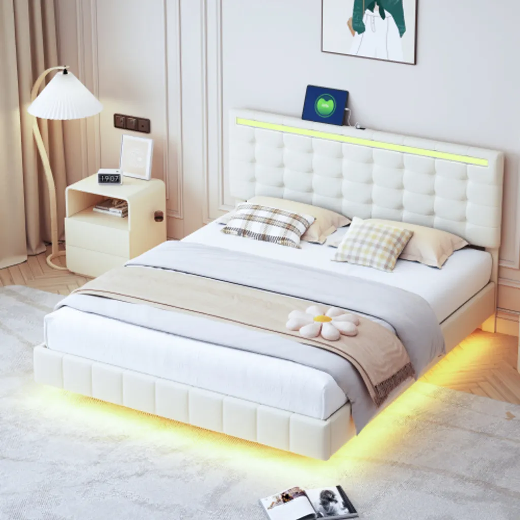 Lit flottant 160x200 cm avec LED : fini l'encombrement visuel au sol