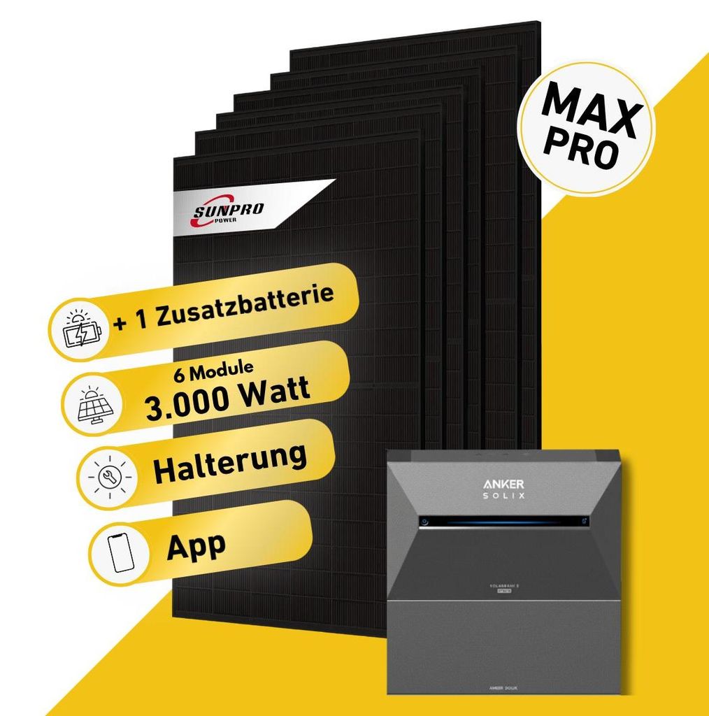 Balkonstrom Balkonkraftwerk 3000W mit Speicher | 1xZusatzspeicher |Fassadenhalterung 15-30 Grad | 2xSolarmodul Bifazial | Anker SOLIX 3 Pro |Kabel 15m