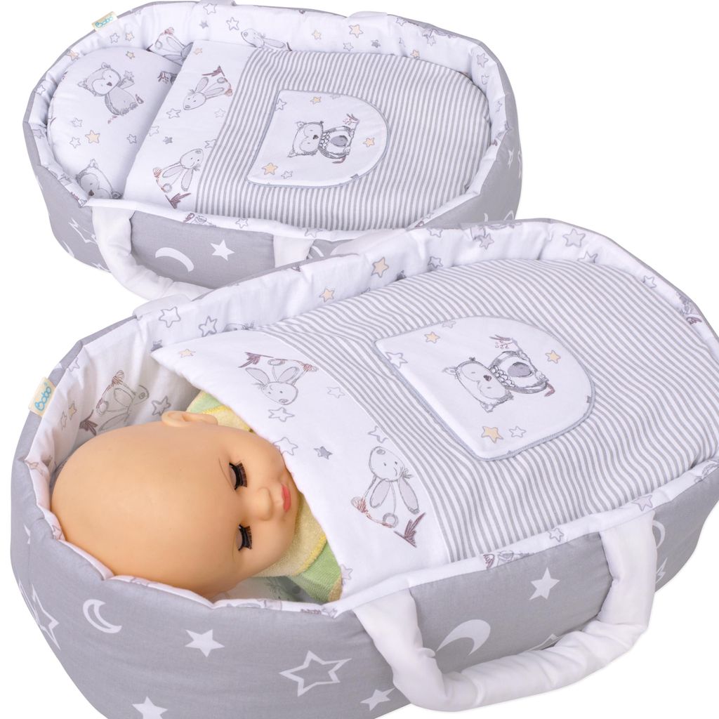 Puppentrage BOBO mit abnehmbarer Bettwäsche und Applikation - Tragetasche für Puppen bis 45 cm - Sterne und Eulen