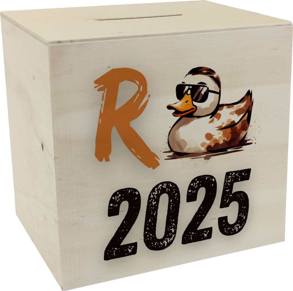 Ente mit Sonnenbrille Spardose aus Holz mit Spruch Rente 2025
