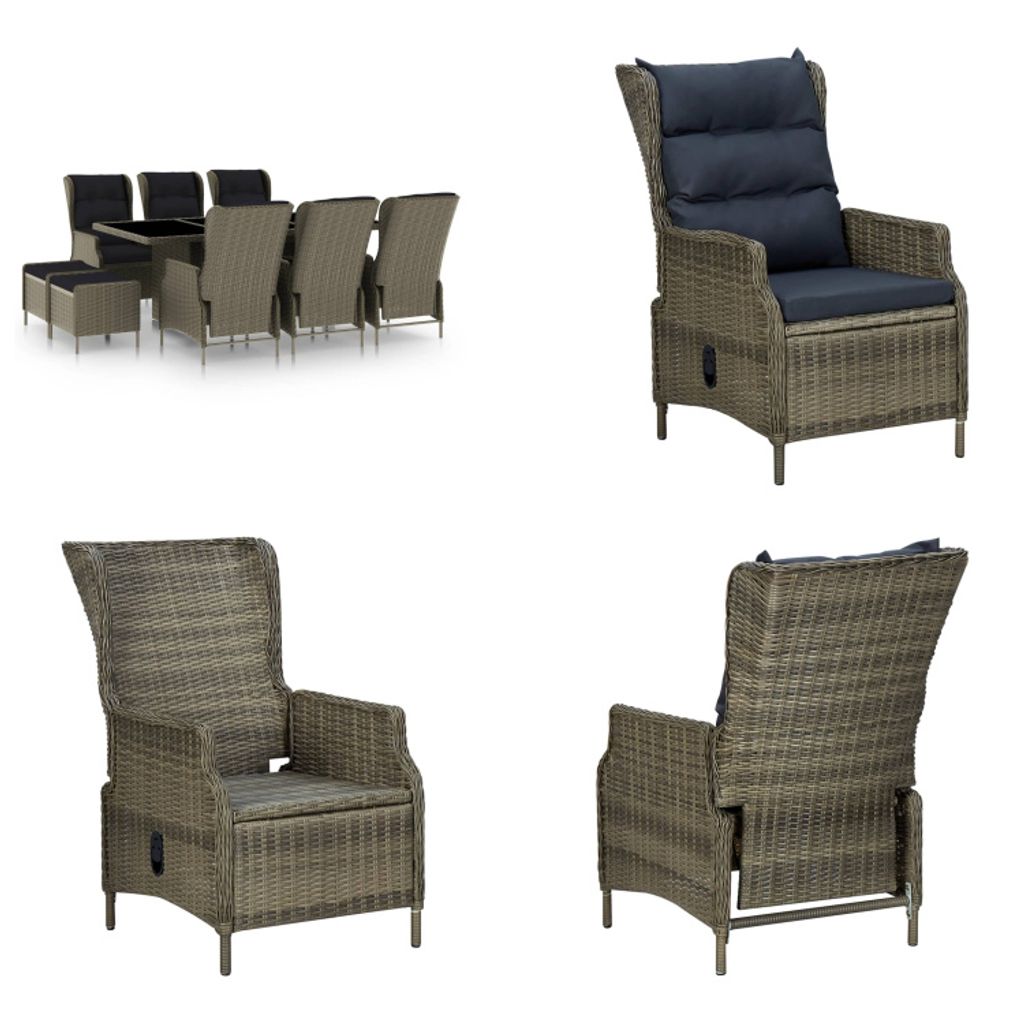 vidaXL 9 tlg. Garten Essgruppe mit Auflagen Poly Rattan Braun - Gartenmöbel-Set - Gartenmöbel-Sets - Gartentisch Und Stuhl - Gartentische Und St...