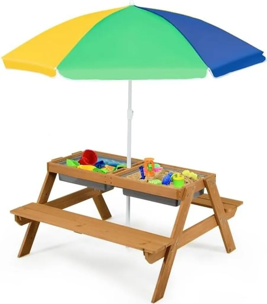 Table Pique-Nique avec Plateau Amovible et Parasol Protection UV Jaune