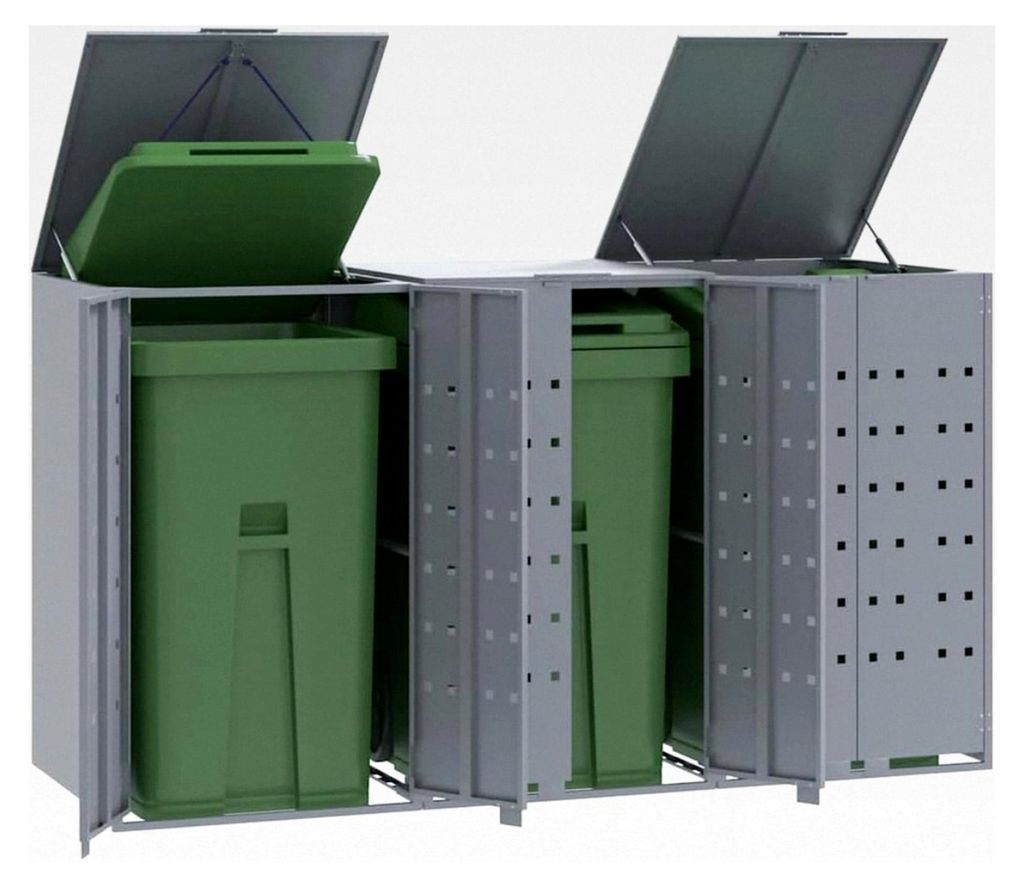 Mülltonnenbox für 3 Tonnen Grau 207x79x117 cm aus Stahl, Müllhaus mit Türen für Mülltonnen