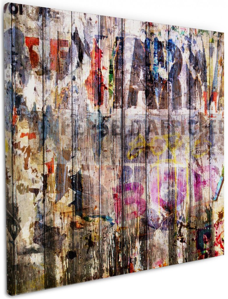 Wallario Premium Leinwandbild Bemalte Holzplanken mit alter Schrift in Größe 50 x 50 cm