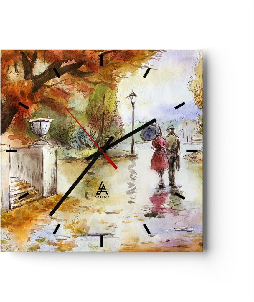 Wanduhr - Quadrat - Glasuhr - Wetter regen herbst park - 40x40cm - Schleichendes Uhrwerk - Lautlos - zum Aufhängen bereit - Dekoration Modern - Wa...