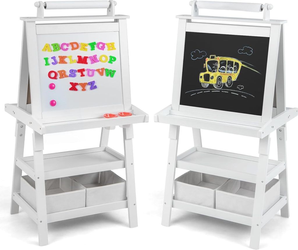 doppelseitige Kinder Staffelei aus Holz, Kinderstaffelei mit Ablage, Kindertafel mit Papierrolle Whiteboard & Kreidetafel, inkl. 2 Stoffboxen (Beige)