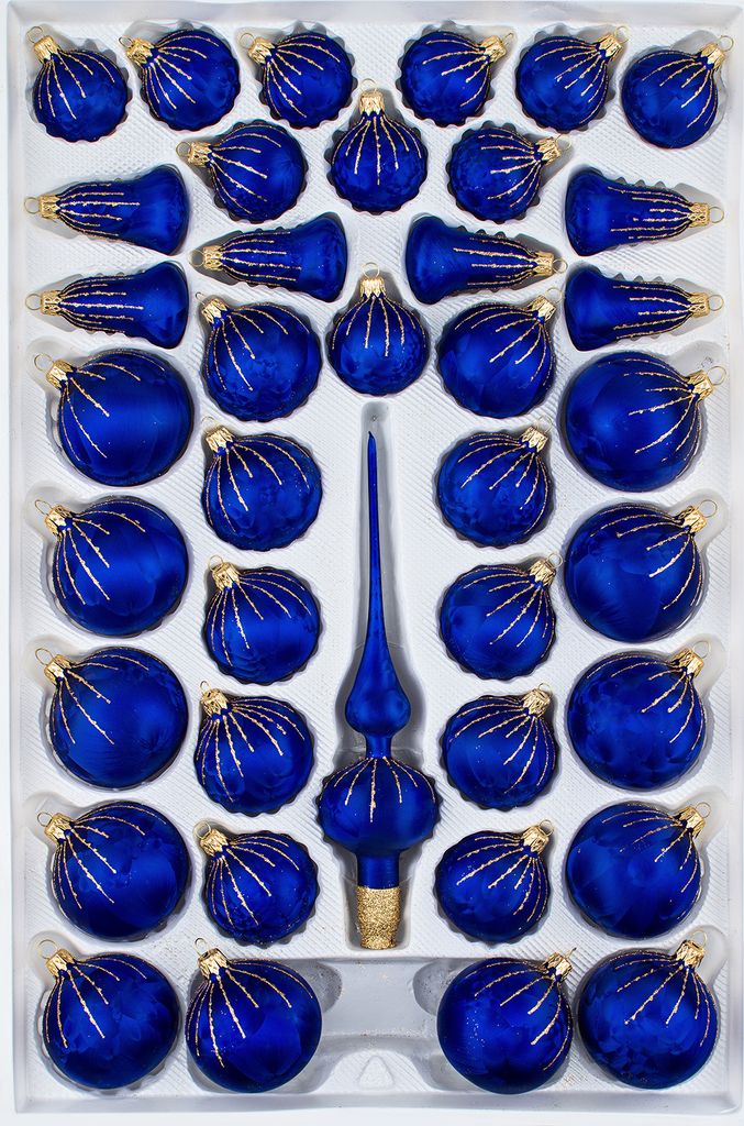 39 tlg. Glas-Weihnachtskugeln Set in "Ice Royal Blau Gold" Regen