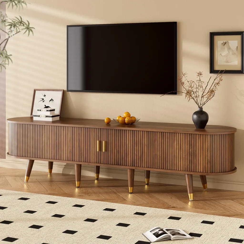 Meuble TV en rotin Merax 175cm, buffet bas noyer et dore chic