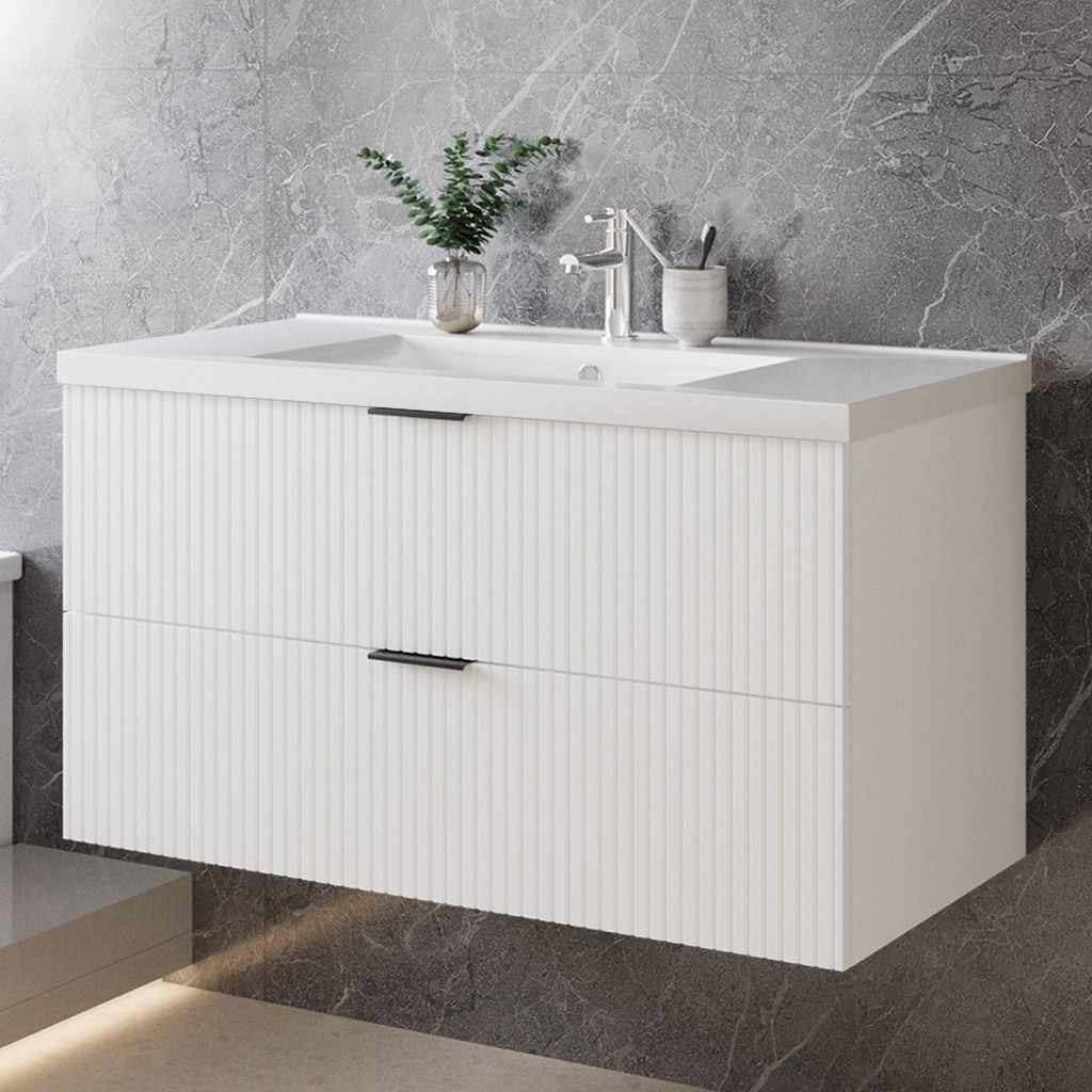 100cm Badmöbel Set Keramik Waschtisch mit Unterschrank Weiß Produktbild 