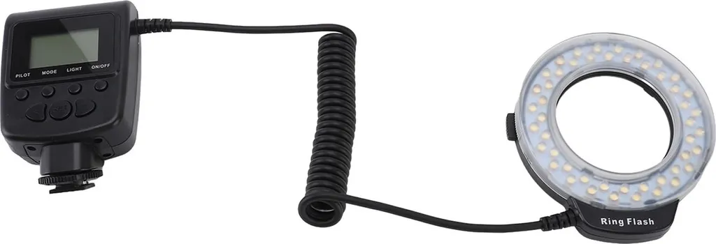 flash macro 48LED con display LCD, controllo della potenza, anelli di adattamento, diffusore per fotocamere DSLR