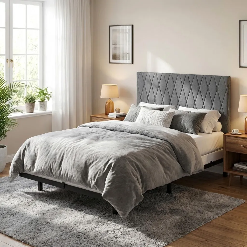 Lit rembourré 90x200 cm gris avec sommier à lattes pour ado - Modèle Luna