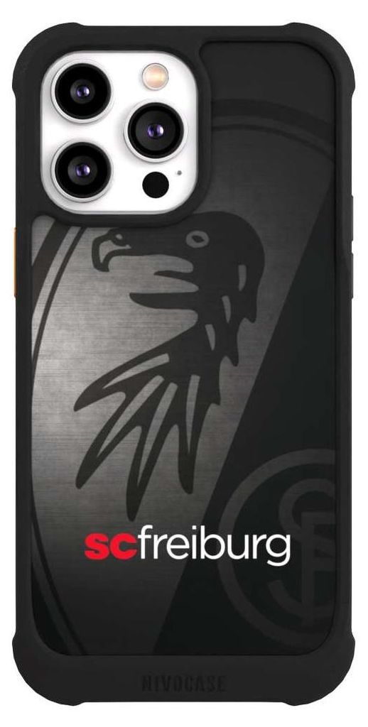NIVOCASE Hülle für Apple iPhone 14 Pro Max Stoßfeste Handyhülle NIVOmax Case Schwarz Metallic Look Offizielles Lizenzprodukt SC Freiburg