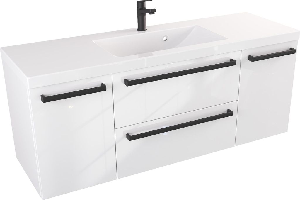 FURNI Waschtischunterschrank ATH 120 cm - Weiß Hochglanz - Hängender Badschrank mit Mineralguss-Waschbecken - Griffe - Vormontiert