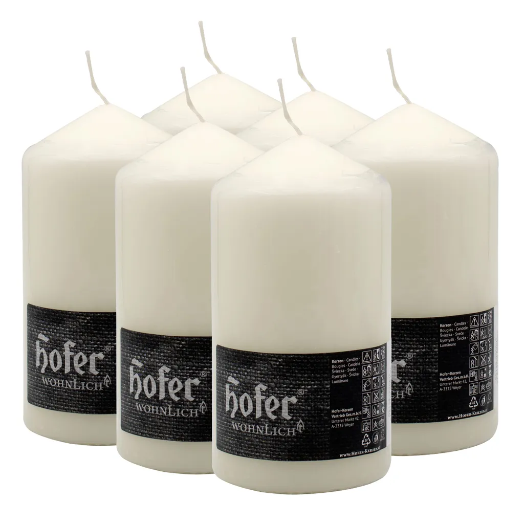 Candele a blocco HOFER 6 pezzi beige 8x15 cm - 60h di autonomia, candele a colonna senza profumo - senza gocciolamento, candele di cera