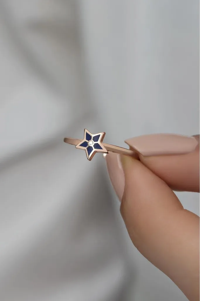 Bague étoile femme pour cadeau bague ajustable argent émail bleu nuit
