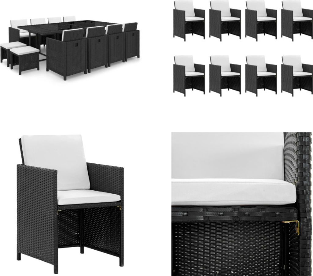 vidaXL 13 tlg. Garten Essgruppe mit Auflagen Poly Rattan Schwarz - Gartenmöbel-Set - Gartenmöbel-Sets - Gartentisch Und Stühle - Gartentische Un...