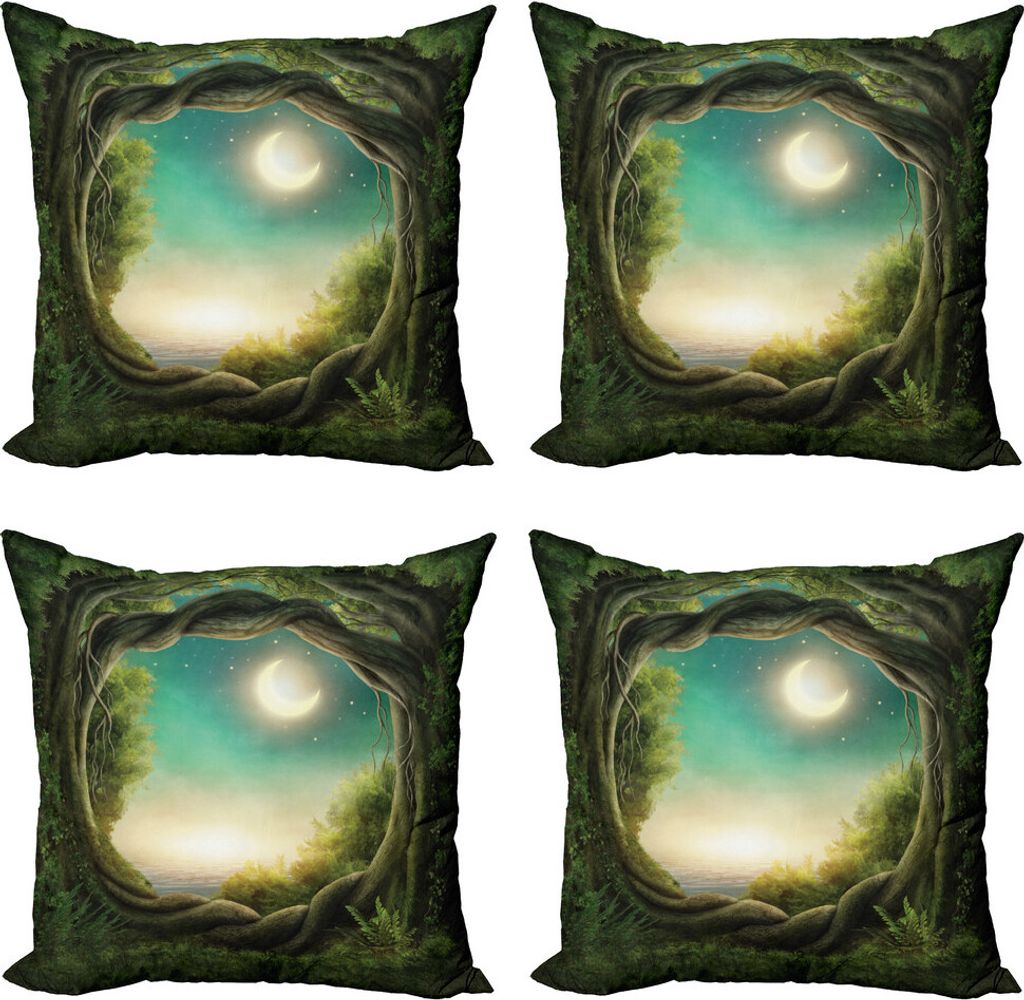 ABAKUHAUS Wald Kissenbezug Set (4 Stück), mystischer Baum, Moderner Doppelseitiger Digitaldruck, 50 cm x 50 cm, Teal Grün und Creme