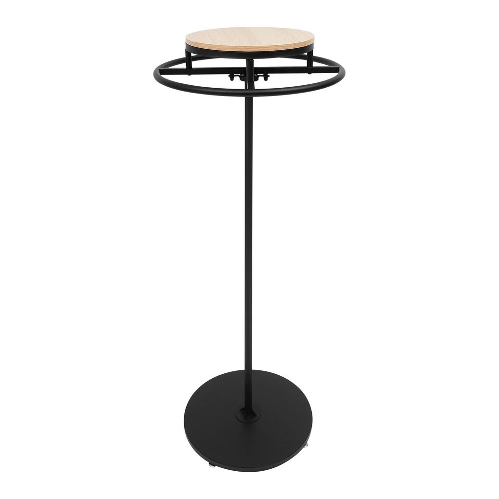 A black metal clothing rack with a round wooden top, displayed on a white background.