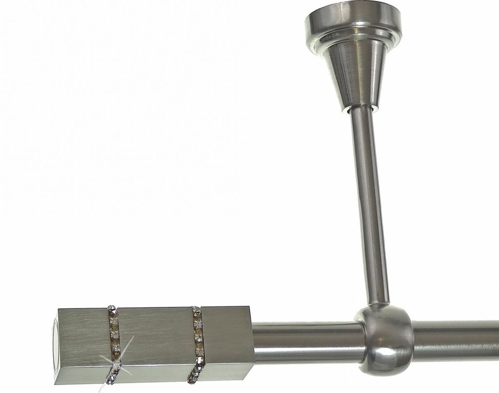 Gardinenstange Set Edelstahl Look Metall Ø 16mm zur Deckenträger 1-lauf mit Kristall, Länge wählbar H14 E27