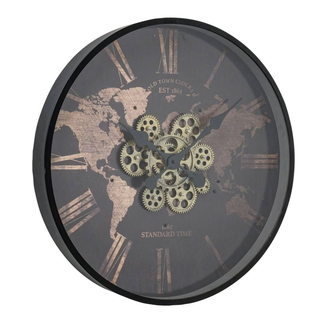 A close-up, angled view of a round wall clock with a world map design and visible gears.