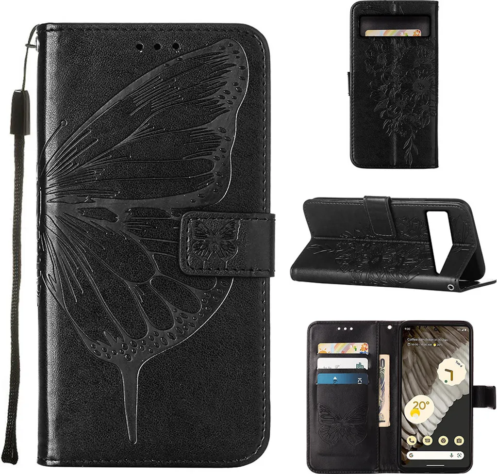 Cover Pelle Pixel 8 Pro Nera Farfalla Goffrata Portafoglio Elegante