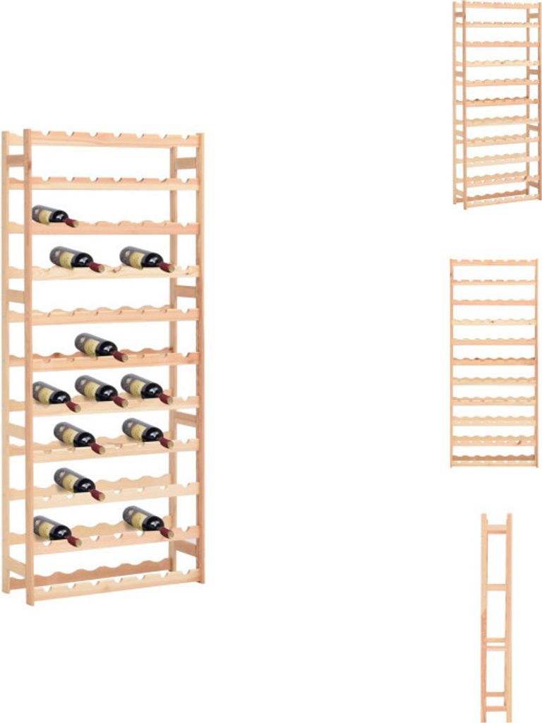 A wooden wine rack filled with wine bottles, presented on a white background.