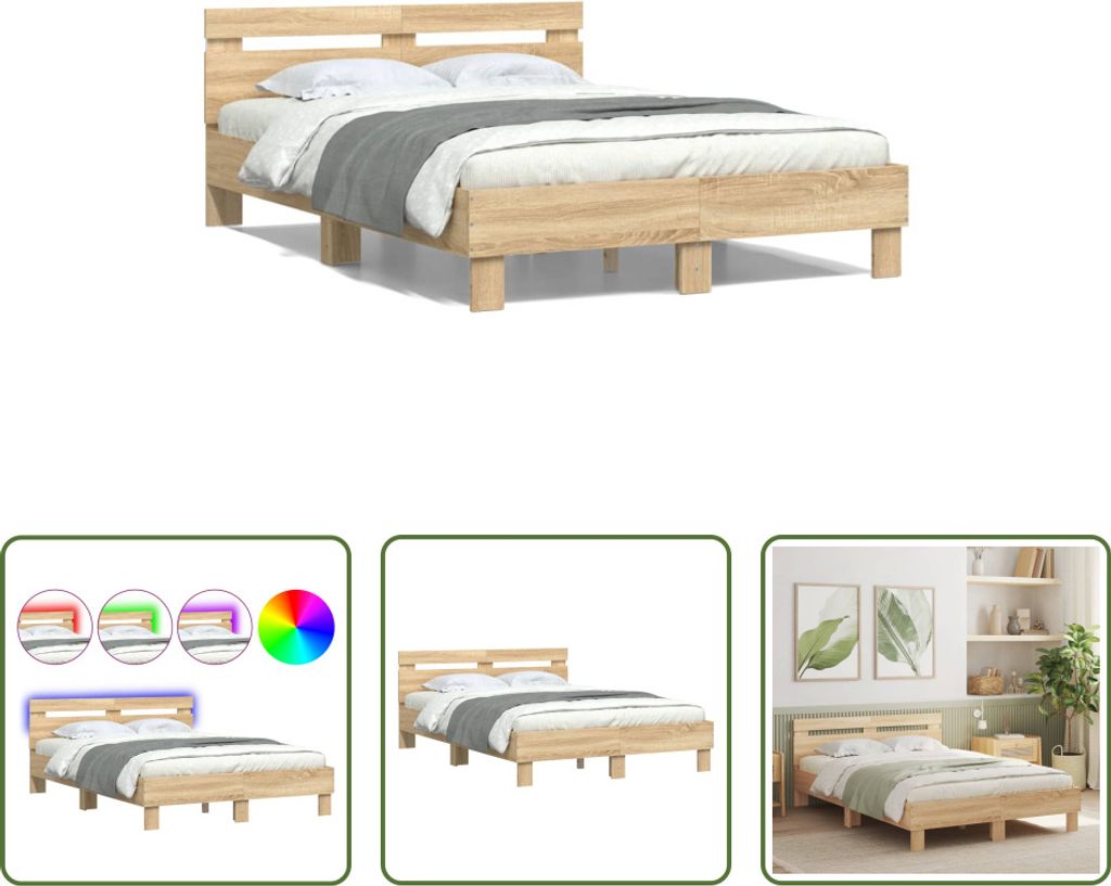 The Living Store Bettgestell mit Kopfteil LED-Beleuchtung Sonoma-Eiche 135x190cm
