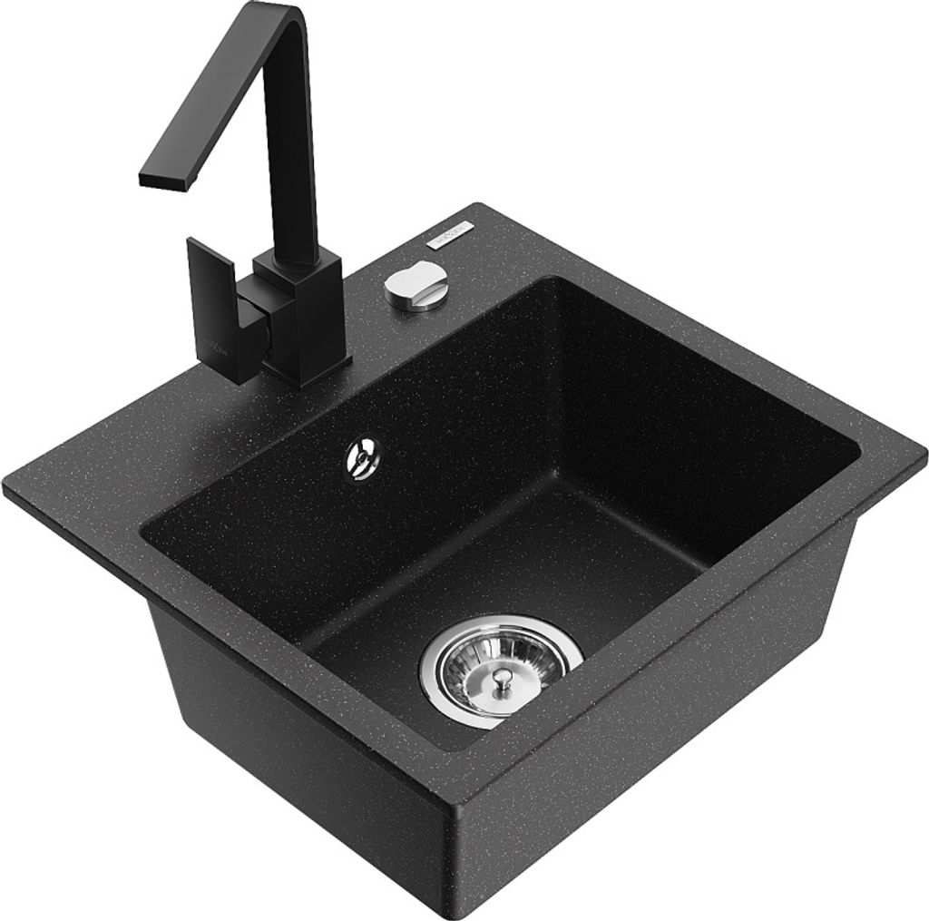 Mexen Milo 1-Becken-Granit-Spüle mit Mischbatterie Rita, Schwarz/Silbermetallic - 6505-73-670300-70