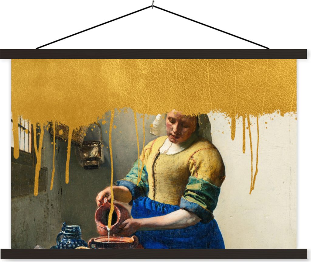MuchoWow Textilposter Milchmädchen - Gold - Vermeer 90x60 cm mit schwarzem Rahmen - Aufhängungssatz