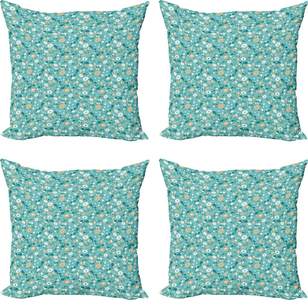 ABAKUHAUS Kindergarten Kissenbezug Set (4 Stück), Cartoon der Blumen, Moderner Doppelseitiger Digitaldruck, 50 cm x 50 cm, Aqua Teal