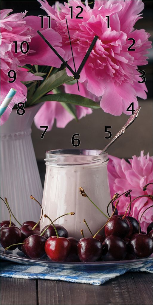 Wallario Design Wanduhr Milch mit Kirschen zum Frühstück Produktbild 