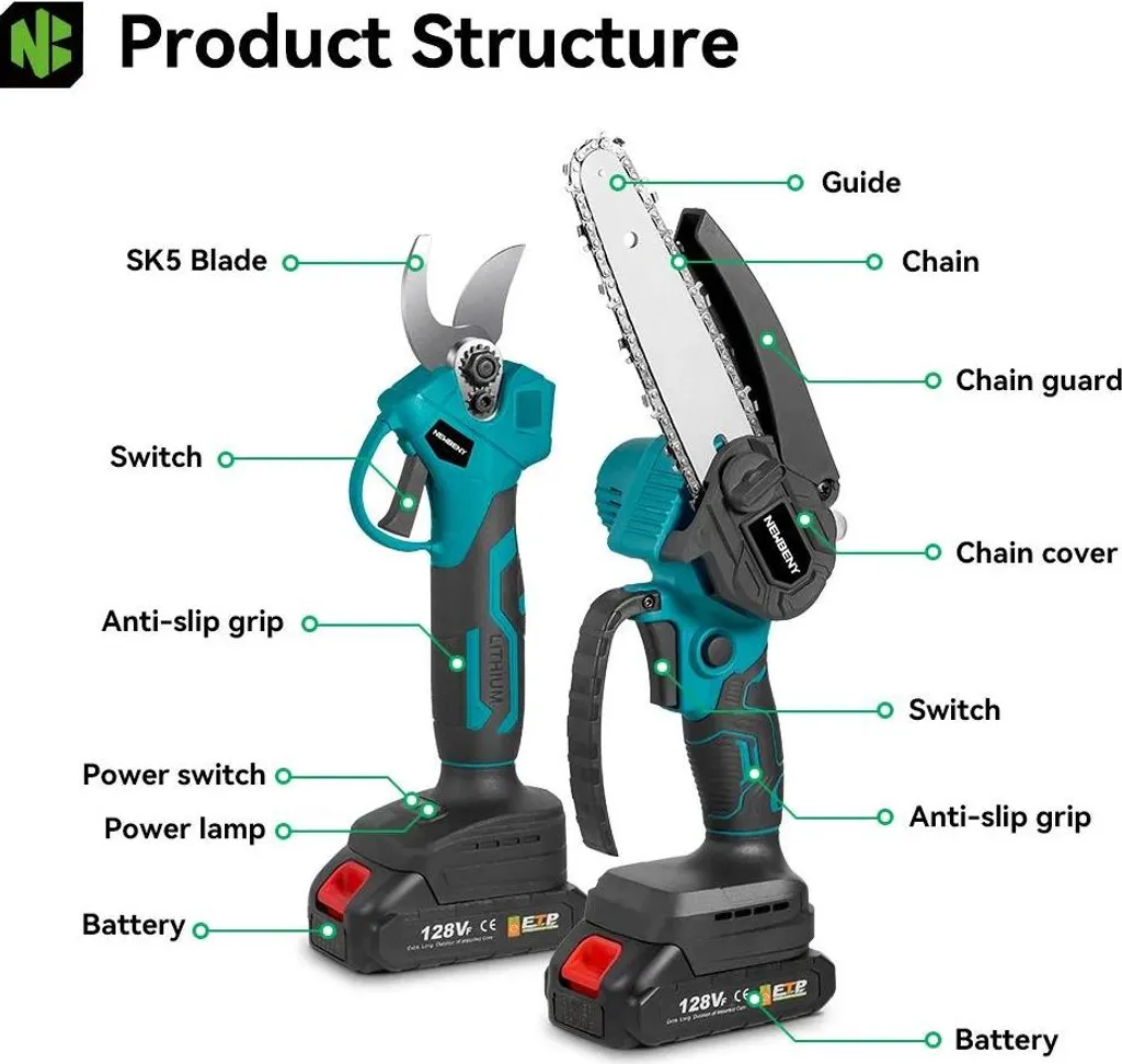 Kit d'élagage sans fil : Mini-tronçonneuse et sécateur électrique 18V