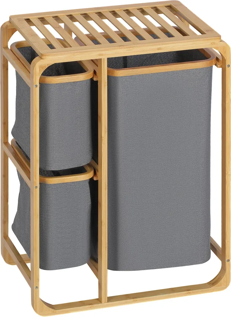 Trieur à linge 3 compartiments en bambou et tissu gris - Meuble de bain
