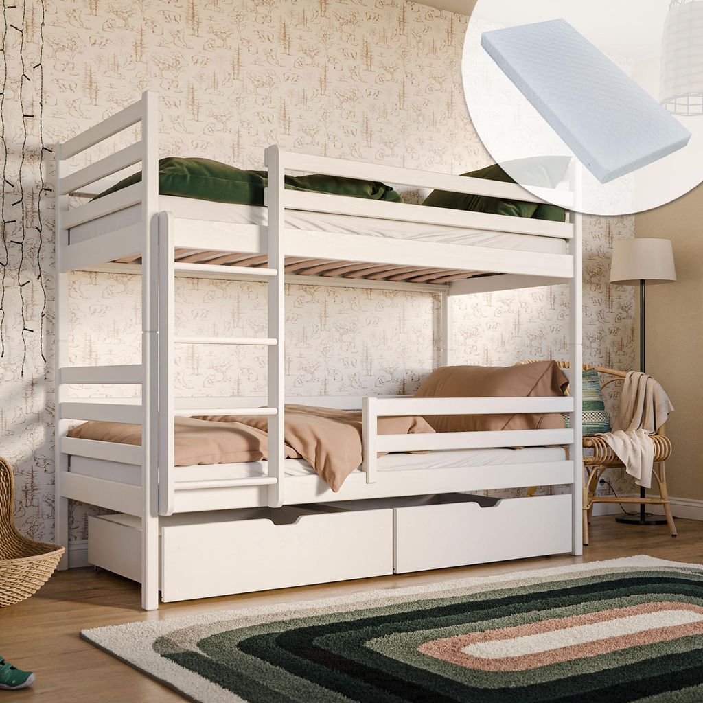 Hochbett 90x200 mit 2 Schubladen und 2 Matratzen Etagenbett Produktbild 