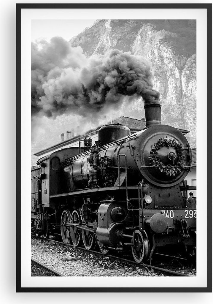 Gerahmtes Poster - Schwarzer Rahmen - Zug Schwarzweiß Rauch - 61x91,5 cm - Wand Bild - Wanddeko - Wandbilder - Kunstposter - Wandposter - Bilderra...