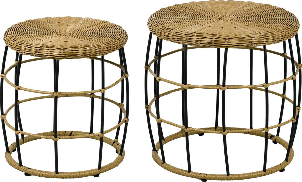 Fortuna Lai Rattan Beistelltisch 2er-Set stapelbar Couchtisch Khaki für Garten Balkon Terrasse