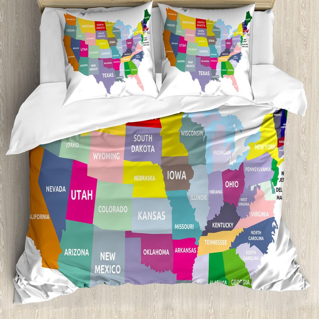 ABAKUHAUS Karte Bettbezug Set, USA Karte Namen der Staaten Verschieden Farben Amerika Geographie Kartographie Thema, 200 x 200 cm + 80 x 80 cm, Meh...