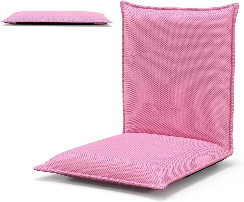 A pink floor chair is shown from the front and a side view.