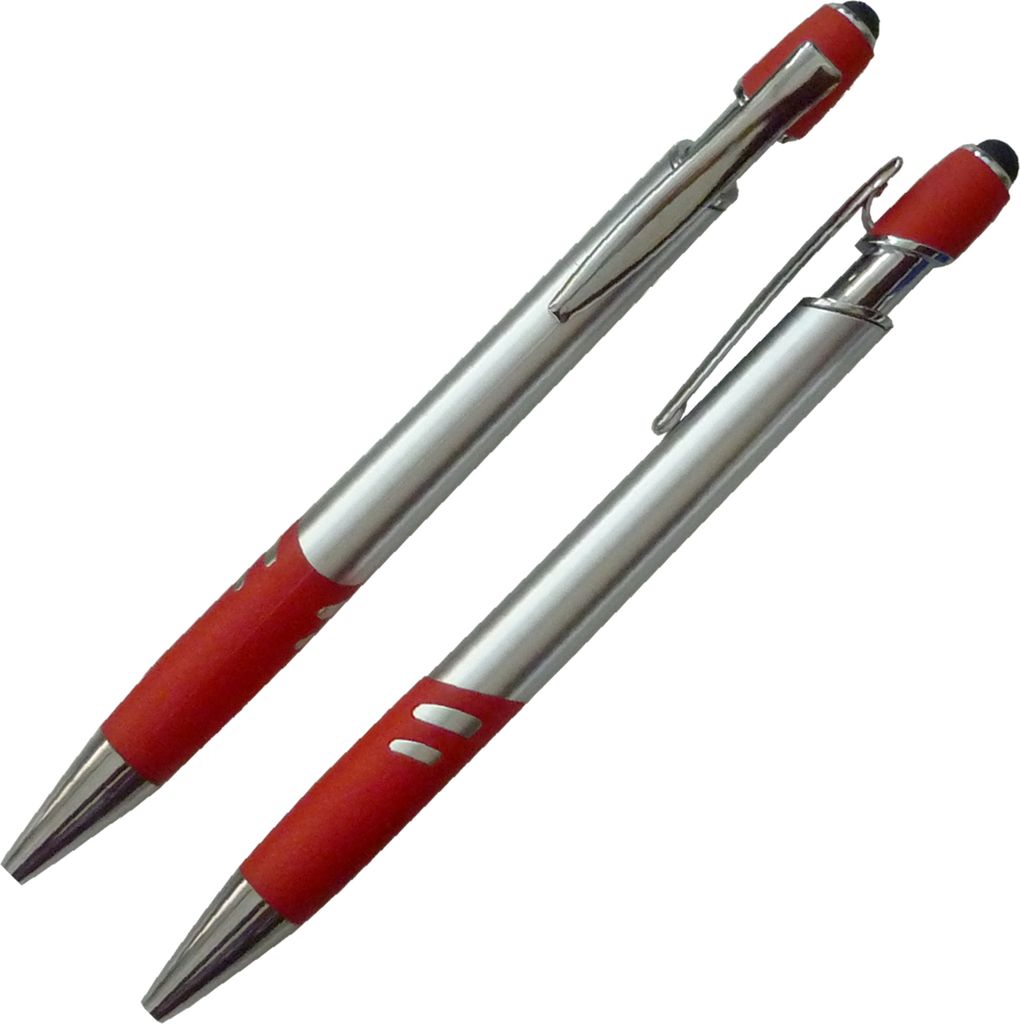 Touchpen Kugelschreiber / mit Griffgummimanschette / Farbe: silber-rot