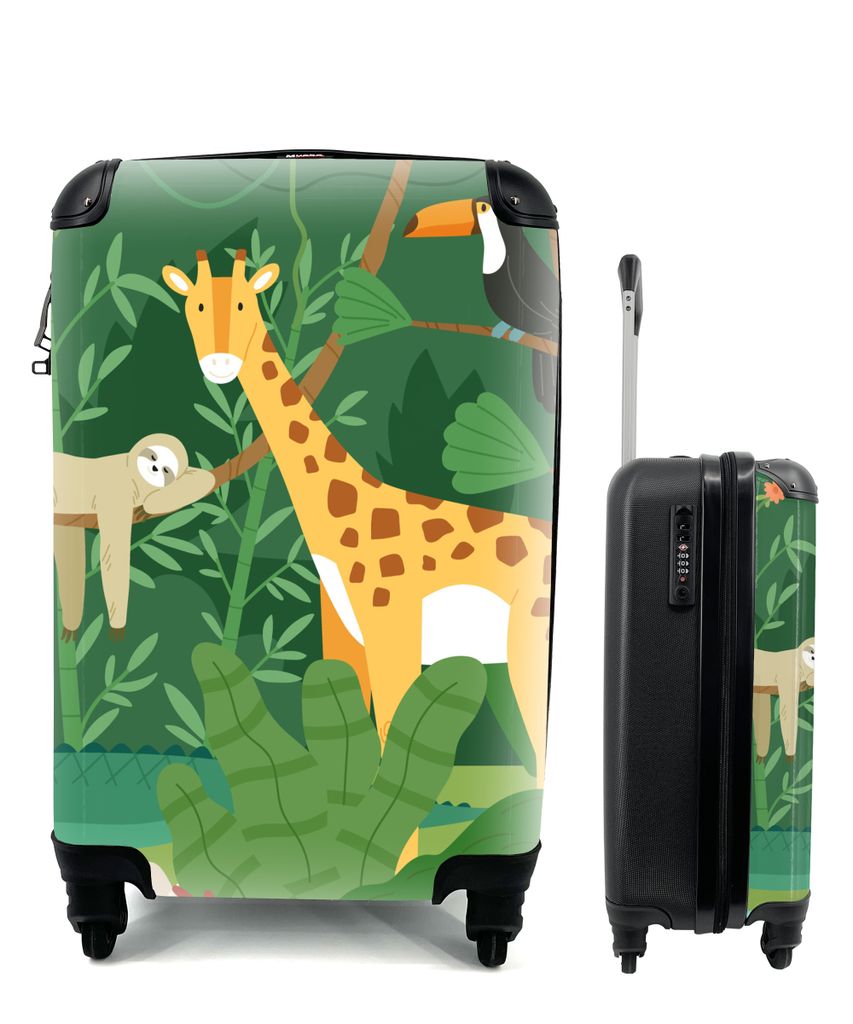 MuchoWow Koffer Handgepäck Trolley Rollkoffer Kleine Reisekoffer mit 4 Rollen - Dschungel - Giraffe - Tukan - Faultier - Cabin Size < 55x40x23 c...