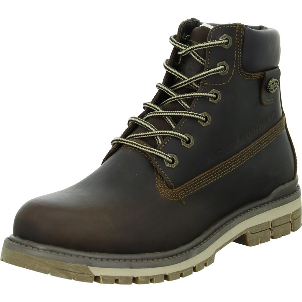 A single brown leather boot is shown against a white background.