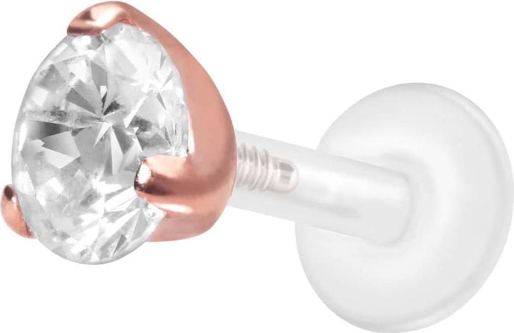 Ohrpiercing, Nasenpiercing PTFE Labret mit Innengewinde + Titan-Aufsatz EINGEFASSTER KRISTALL RoséGold Stablänge: 6mm | Stabstärke: 1,2mm | Kris...