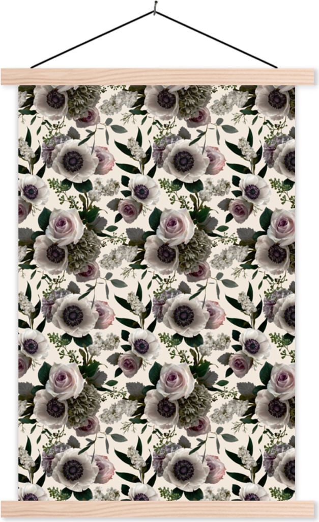 MuchoWow Textilposter Blumen - Muster - Anemone 60x90 cm mit holzfarbenen Rahmen - Textil