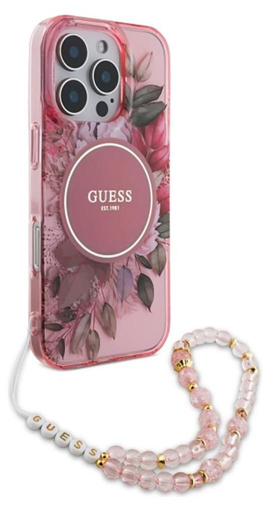 A pink floral iPhone case with a beaded strap.