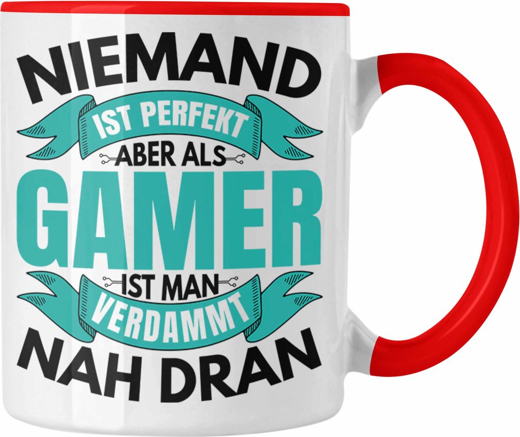 Trendation - Niemand Ist Pefekt Aber Als Gamer Ist Man Nah Dran Tasse Geschenk für Jungs Jungen Geschenkidee zum Geburtstag Lustiger Spruch (Rot)