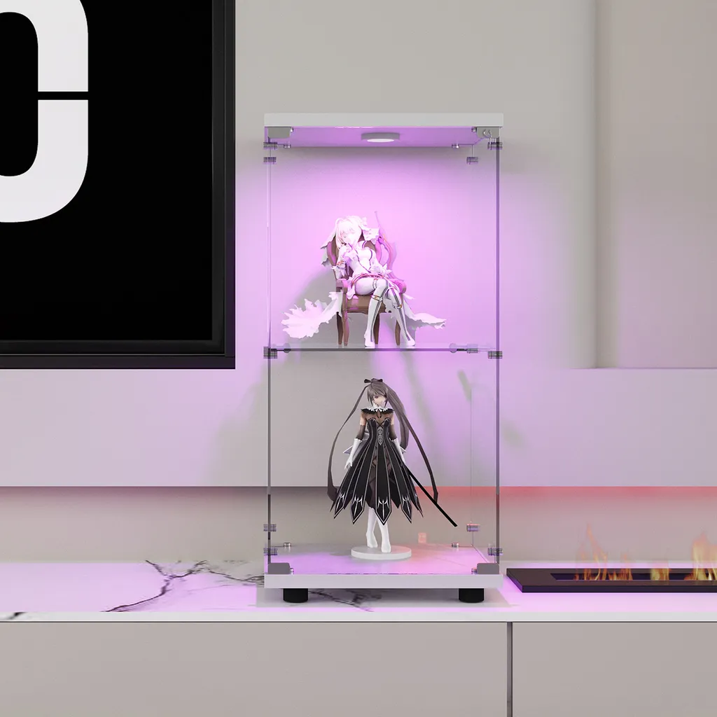 Vetrina a 2 livelli in vetro temperato con porta, struttura in metallo bianco e illuminazione LED integrata - Design moderno ed elegante