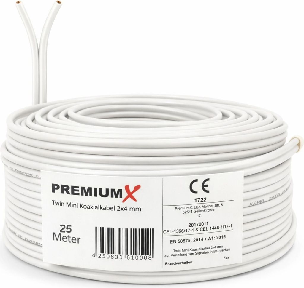 PremiumX 25m Sat Koaxial Kabel 90dB Twin Mini 2 x 4mm Weiß Antennenkabel 2-fach geschirmt