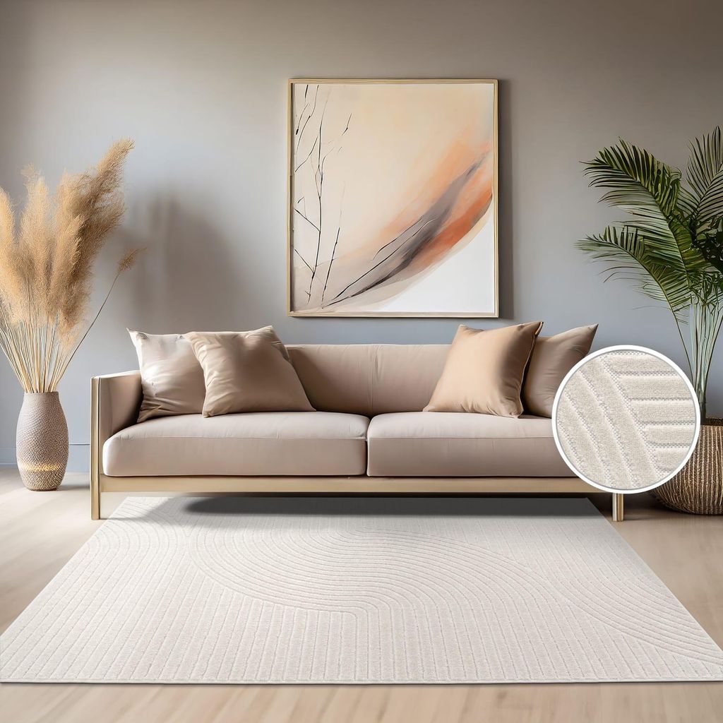 Teppich Kurzflor Struktur Wohnzimmer schmutzabweisend Creme Läufer 60x100 | 100% Polypropylen, Rücken aus Polypropylen | Florhöhe: 6 mm | pflege...