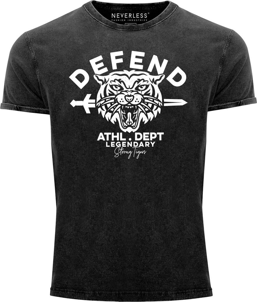 Herren Vintage Shirt Tiger Print Schriftzug Athletic Legendary T-Shirt Aufdruck Used Look Slim Fit Neverless Sword schwarz L